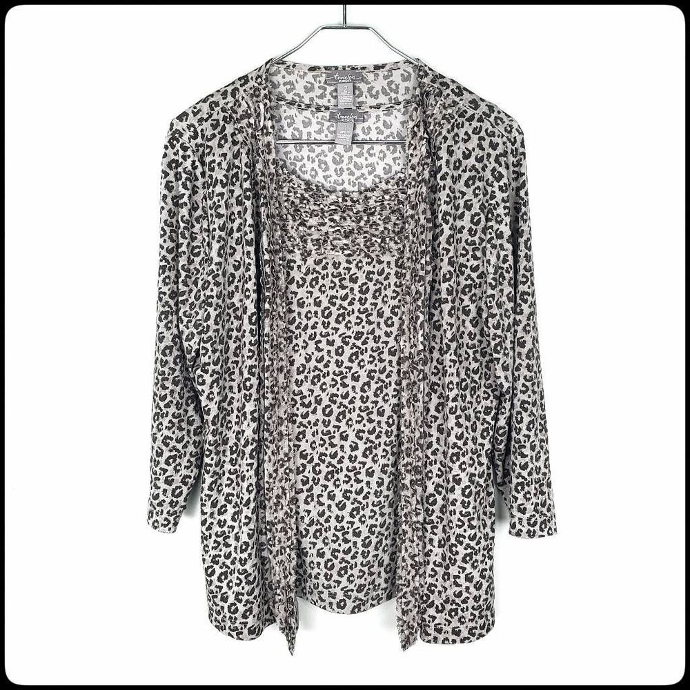 CHICO'S TRAVELERS Women's Brown Leopard Print Open Front & Tank Set Size 1 & 2